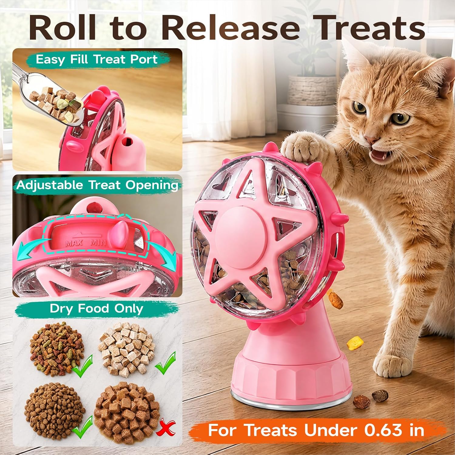 2-in-1 Cat Toy — Treat Dispenser and Teaser, Pink