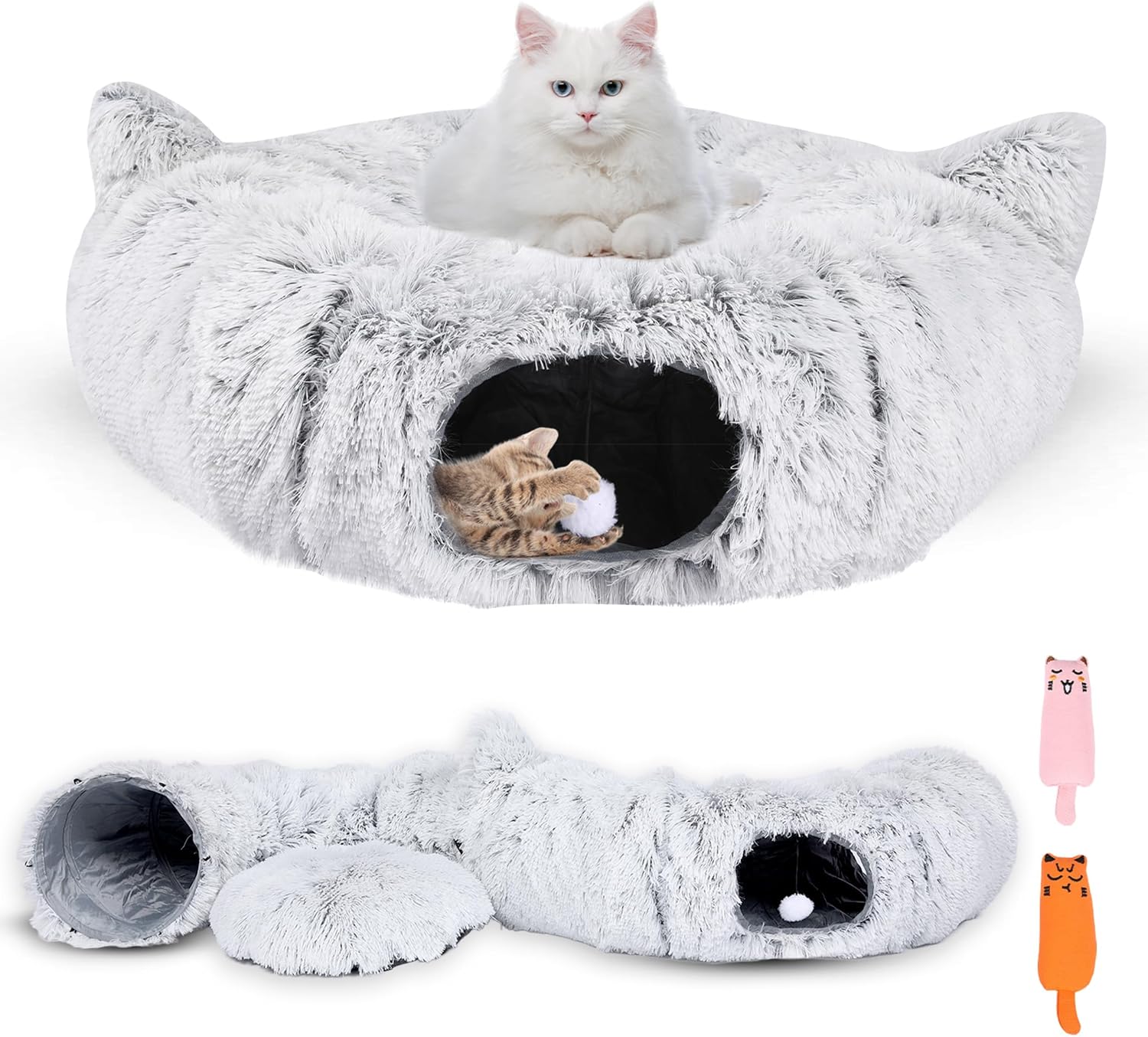 3-in-1 Cat Tunnel Bed — Cave, Tunnel and Peek Holes, with Catnip Toys