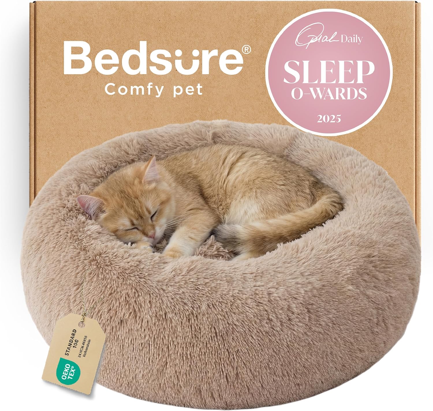 Calming Donut Cat Bed — 20 in, Washable, Camel