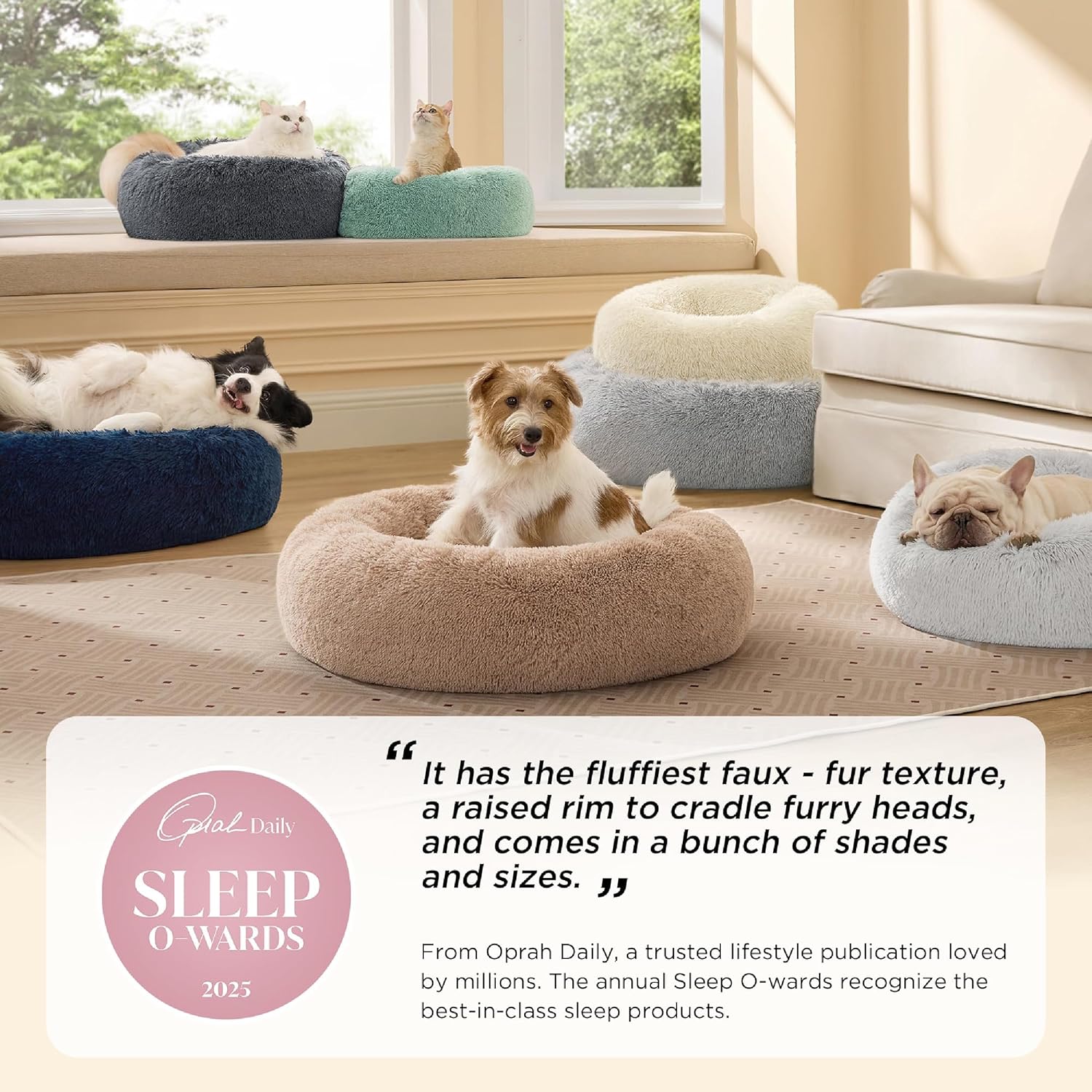 Calming Donut Cat Bed — 20 in, Washable, Camel