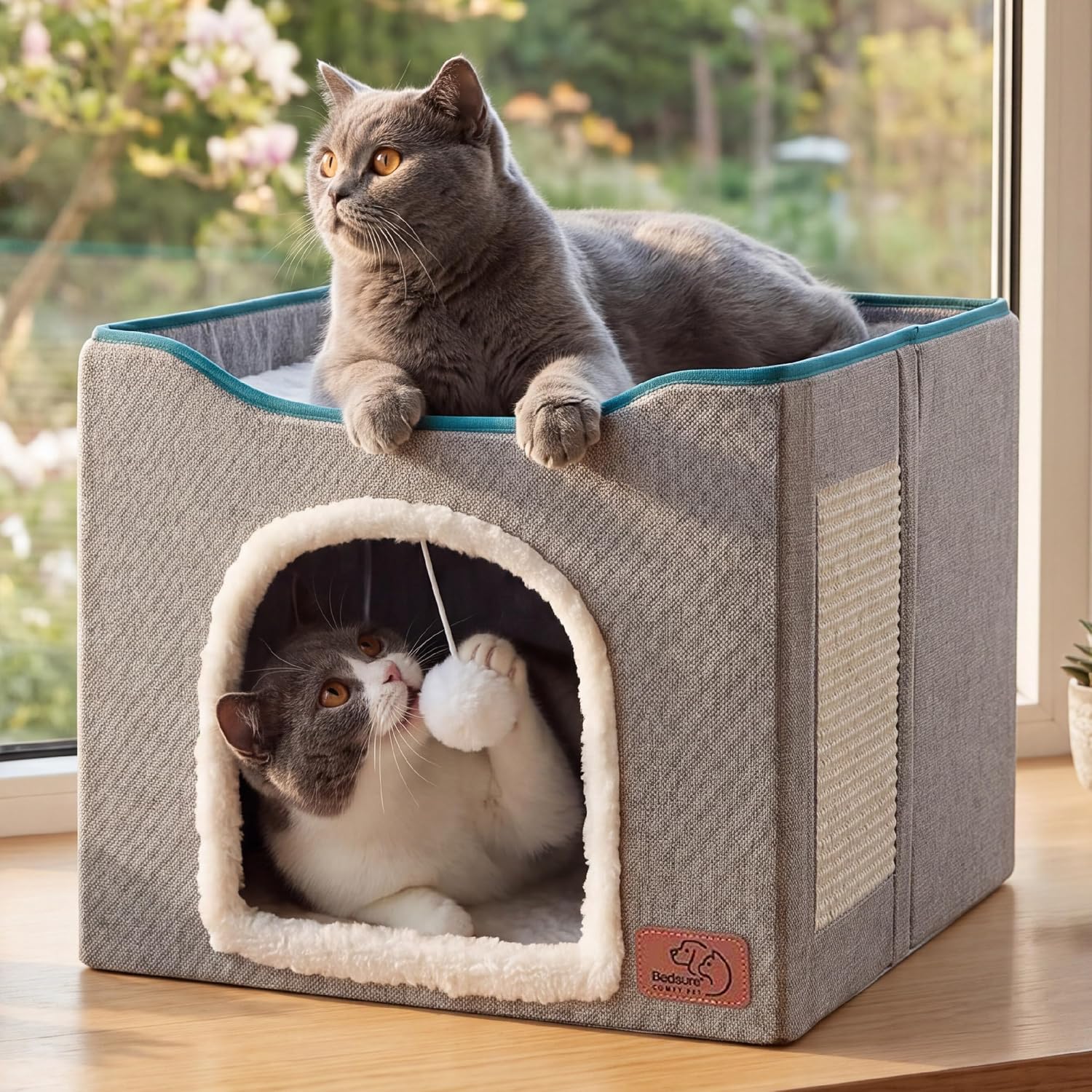Cat House Bed with Fluffy Ball and Scratch Pad — 16.5 in, Grey