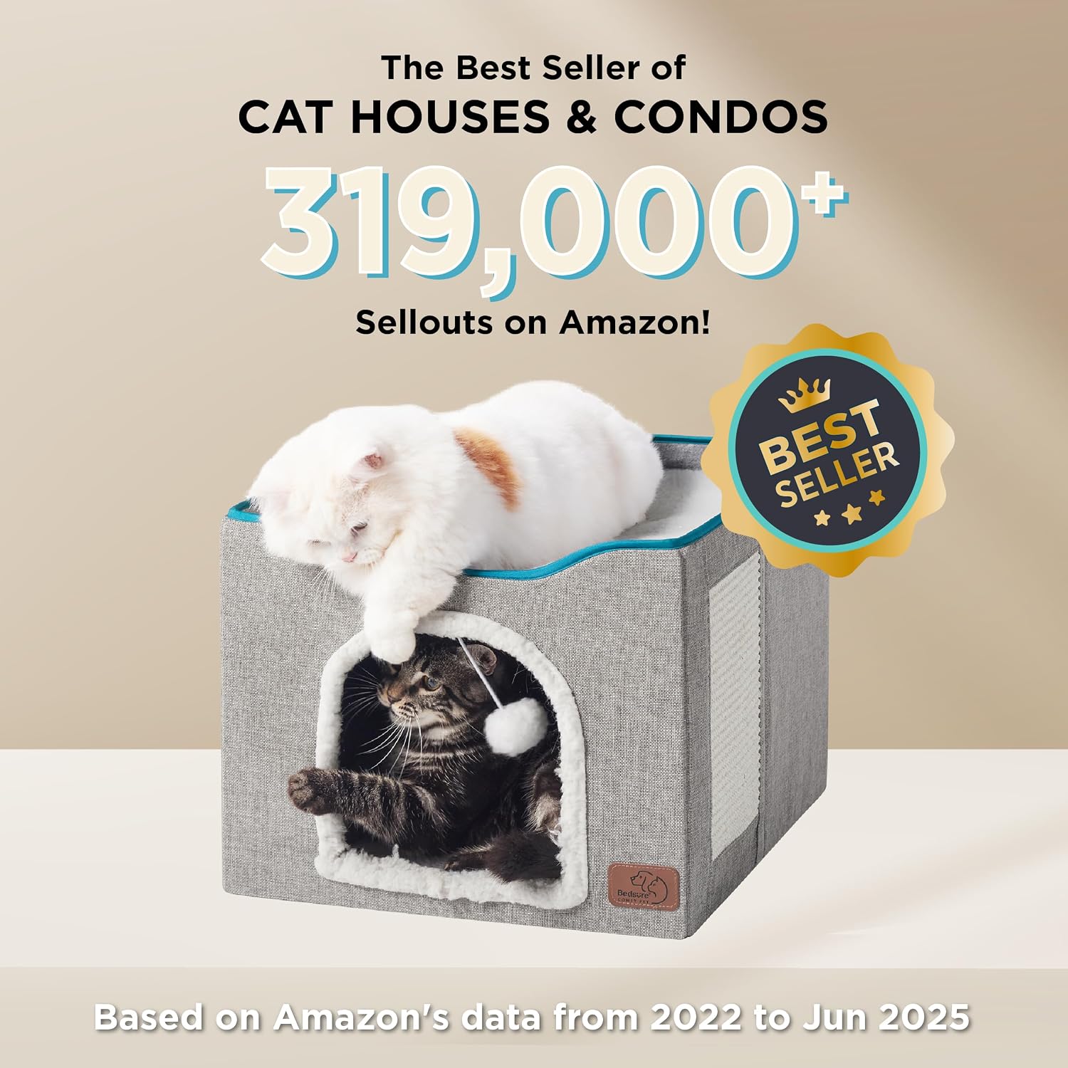Cat House Bed with Fluffy Ball and Scratch Pad — 16.5 in, Grey