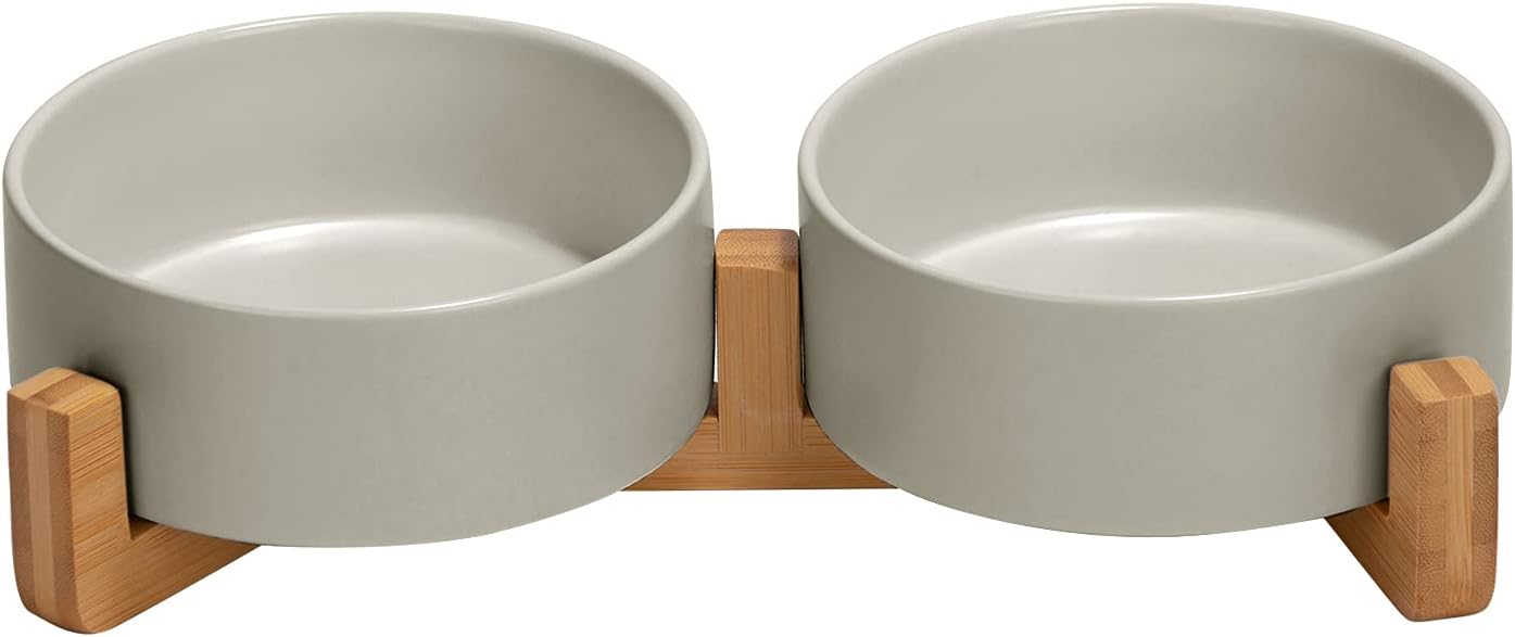 Ceramic Bowl Set with Wooden Stand — Non-Slip, Weighted