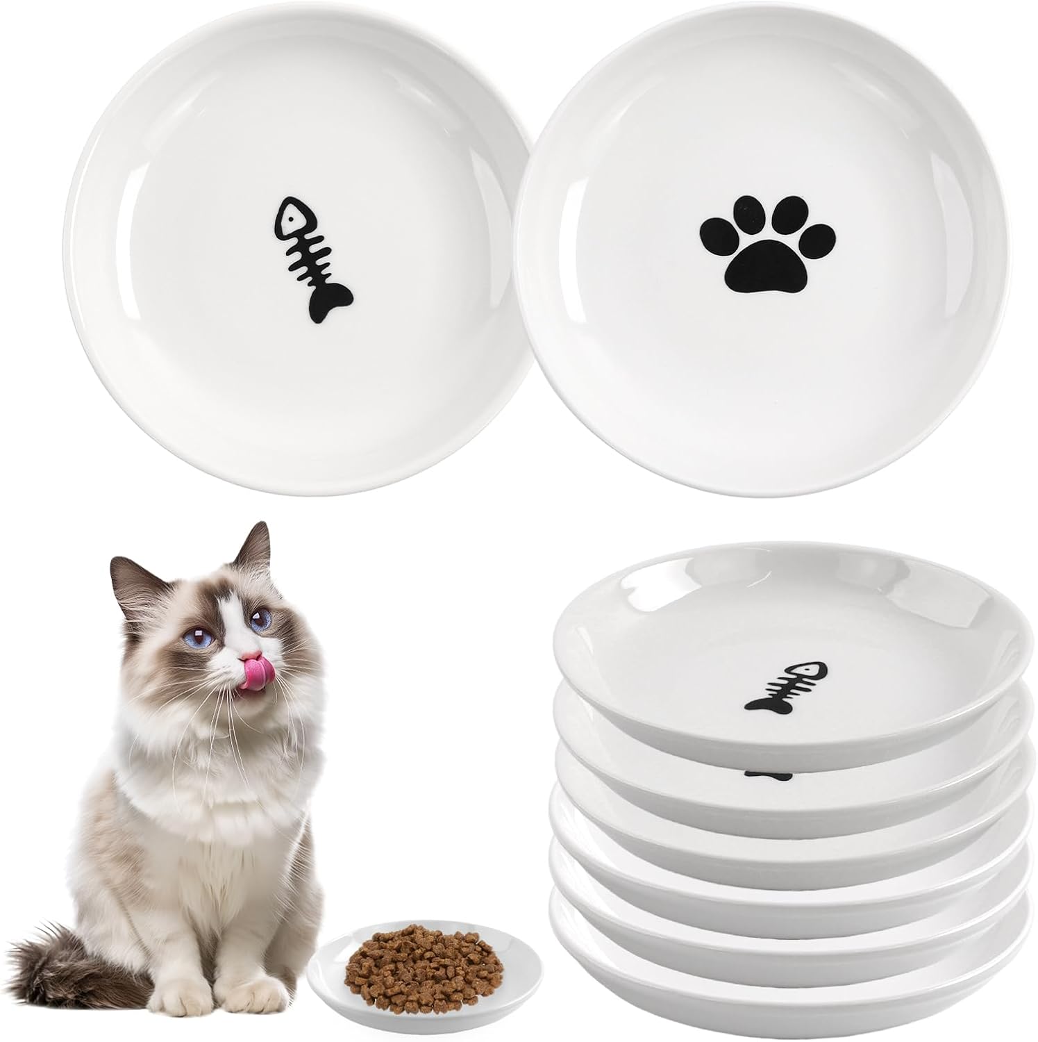 Ceramic Cat Bowls — 6 Pack, 5.5 in Shallow, Wide Rim