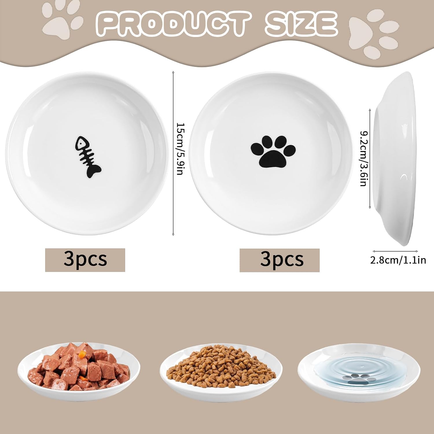 Ceramic Cat Bowls — 6 Pack, 5.5 in Shallow, Wide Rim