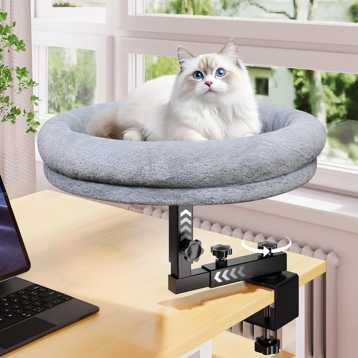 Desk Cat Bed — 18 in, 360° Rotating Clamp, Dark Grey