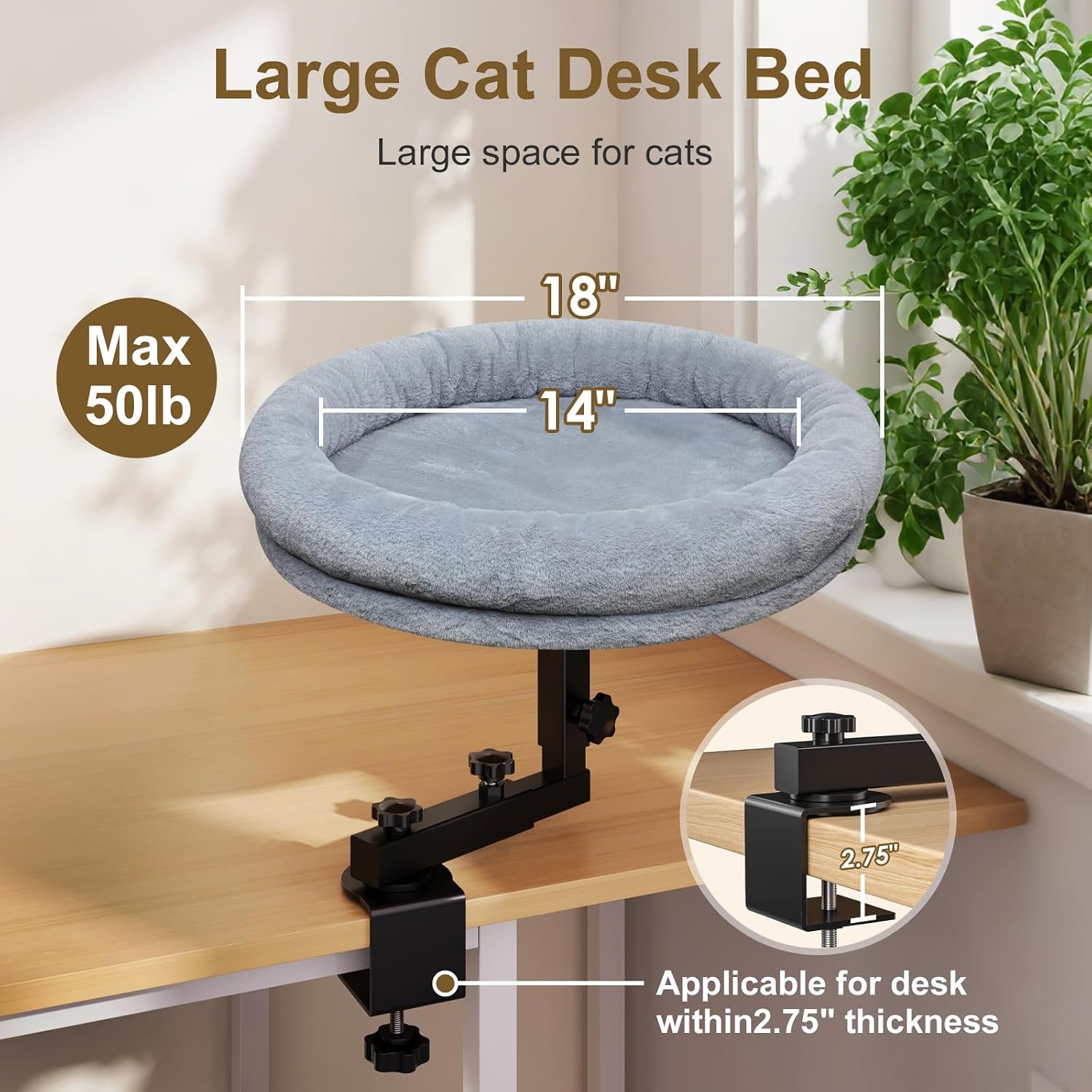 Desk Cat Bed — 18 in, 360° Rotating Clamp, Dark Grey