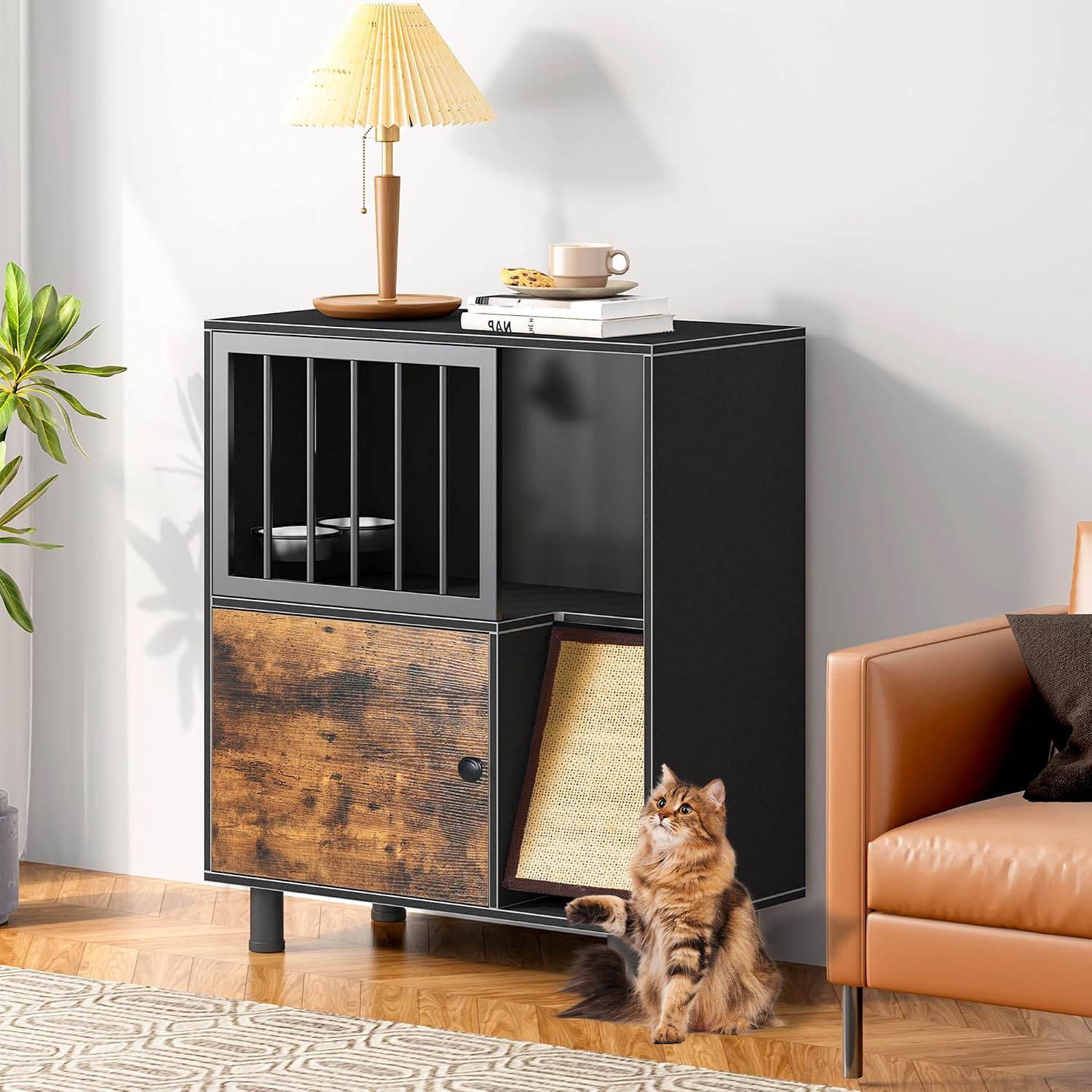 Dog-Proof Cat Feeding Station — Raised Bowls with Storage, Black
