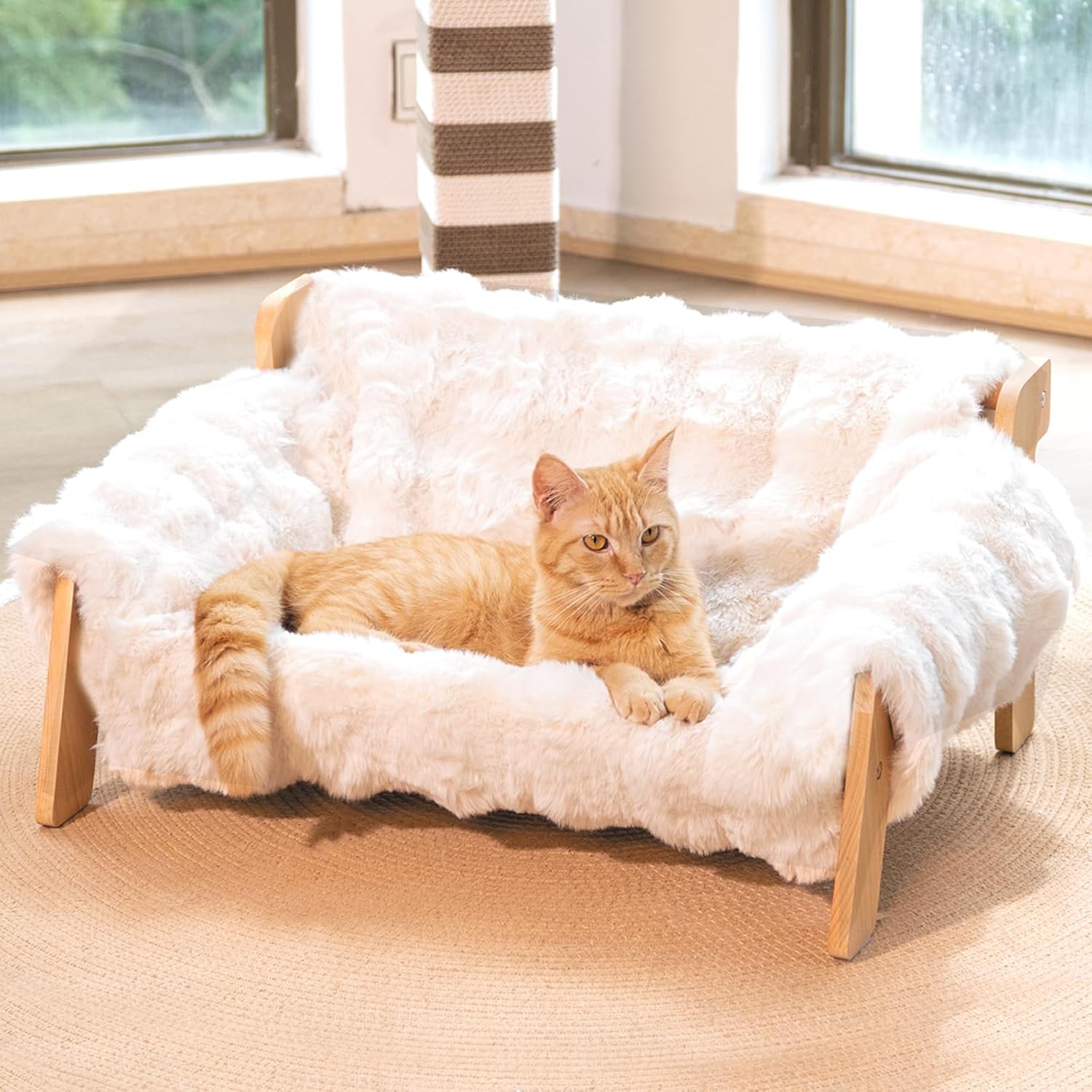 Elevated Cat Couch Bed — Wooden Frame, Washable Cover