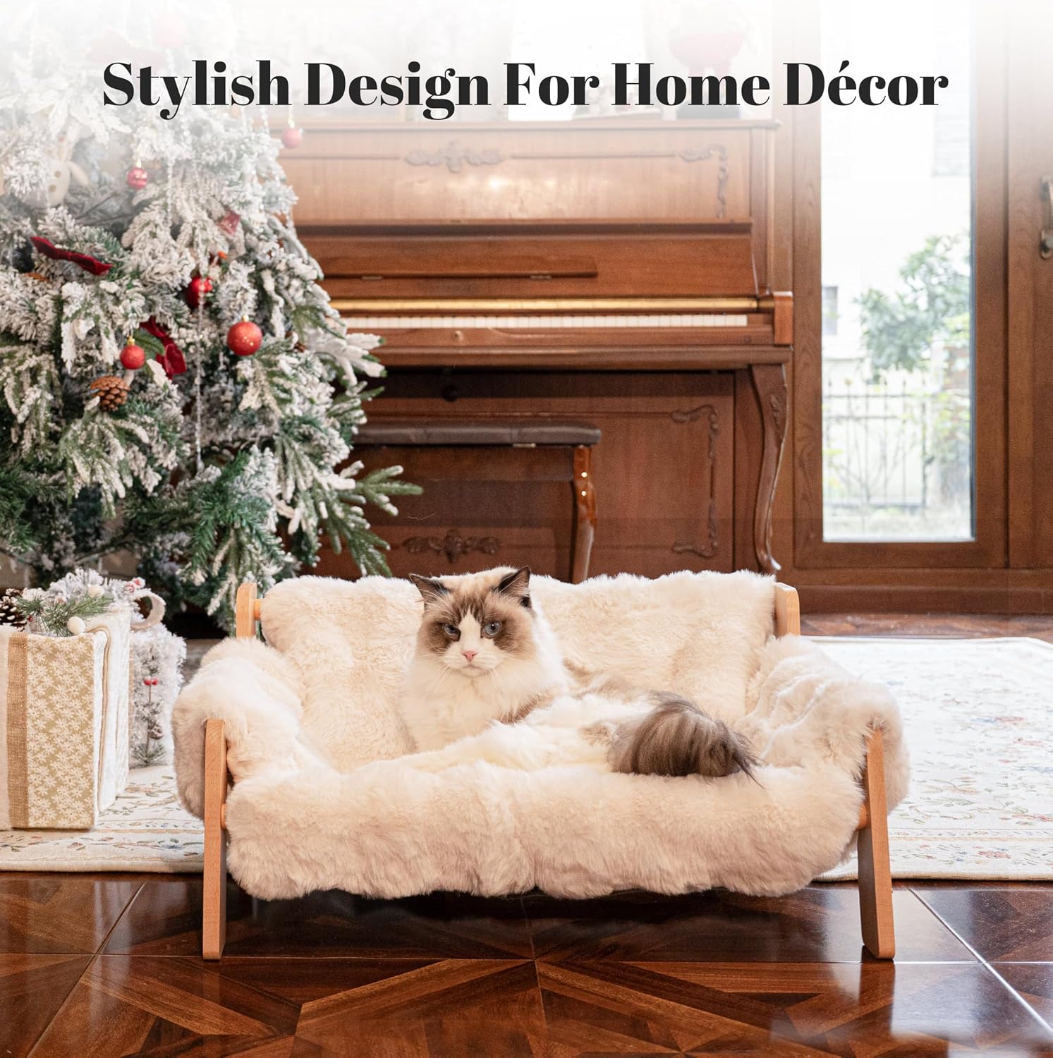 Elevated Cat Couch Bed — Wooden Frame, Washable Cover