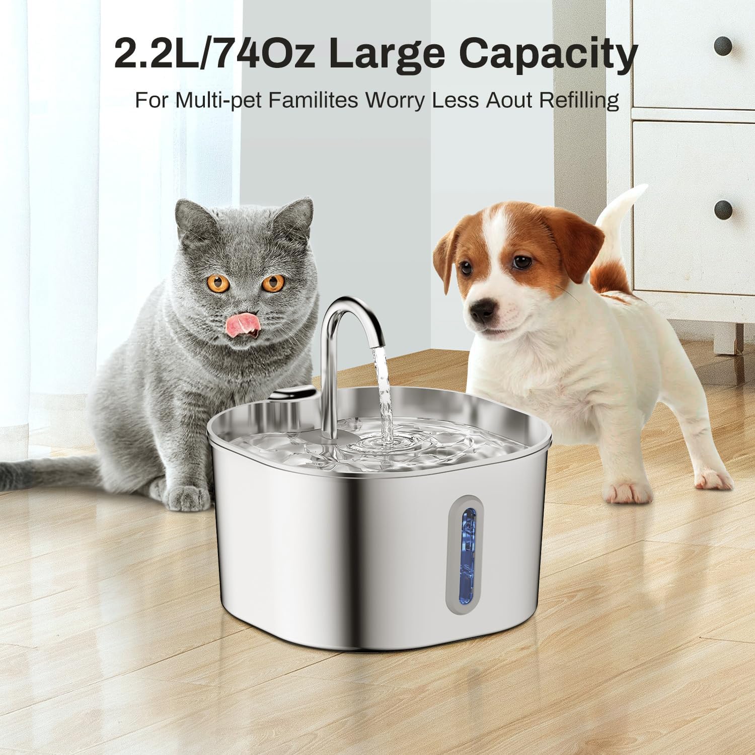 Stainless Steel Cat Water Fountain — 2.2 L, Automatic