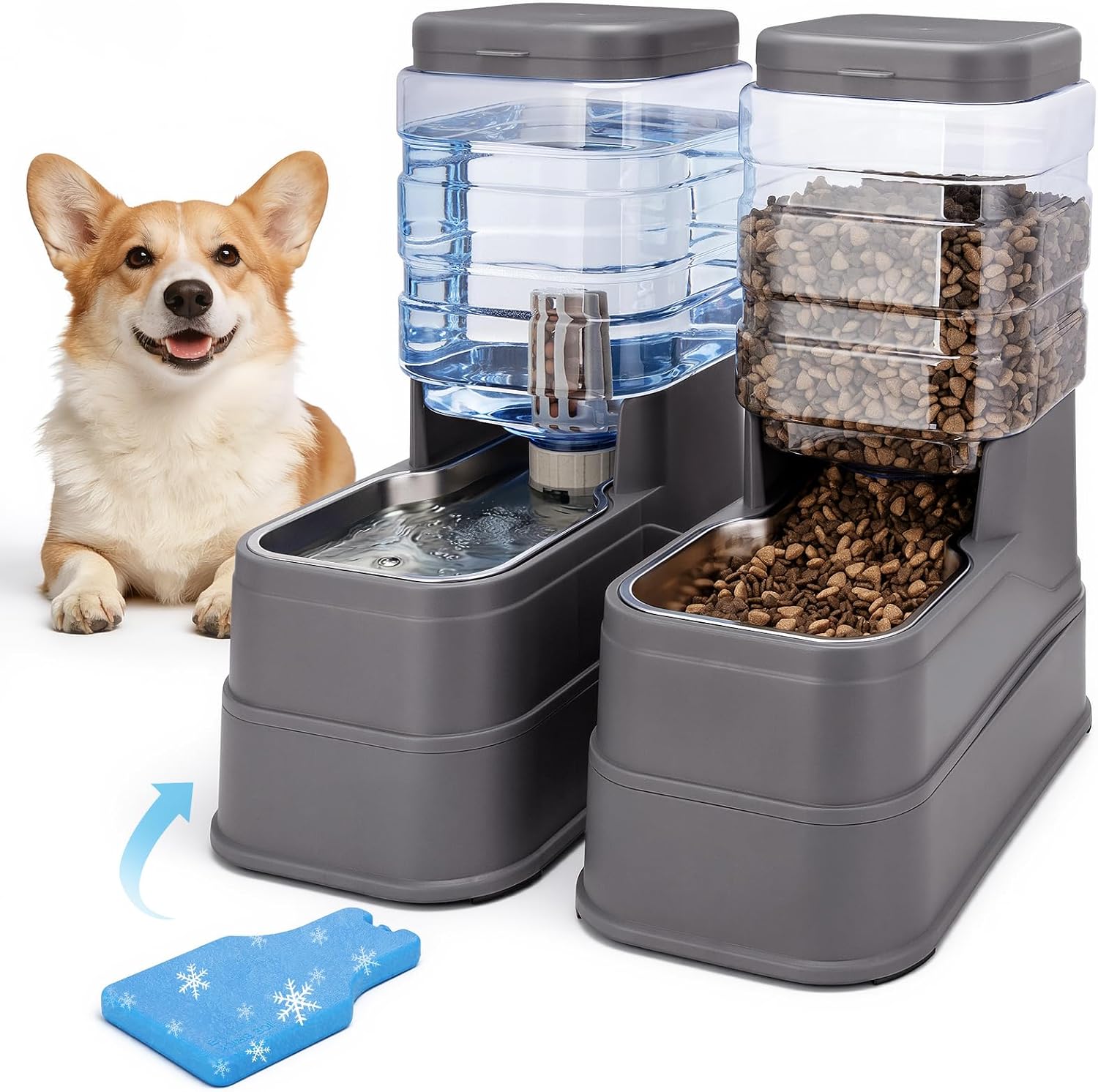Gravity Feeder and Water Dispenser with Ice Pack — Steel Bowl