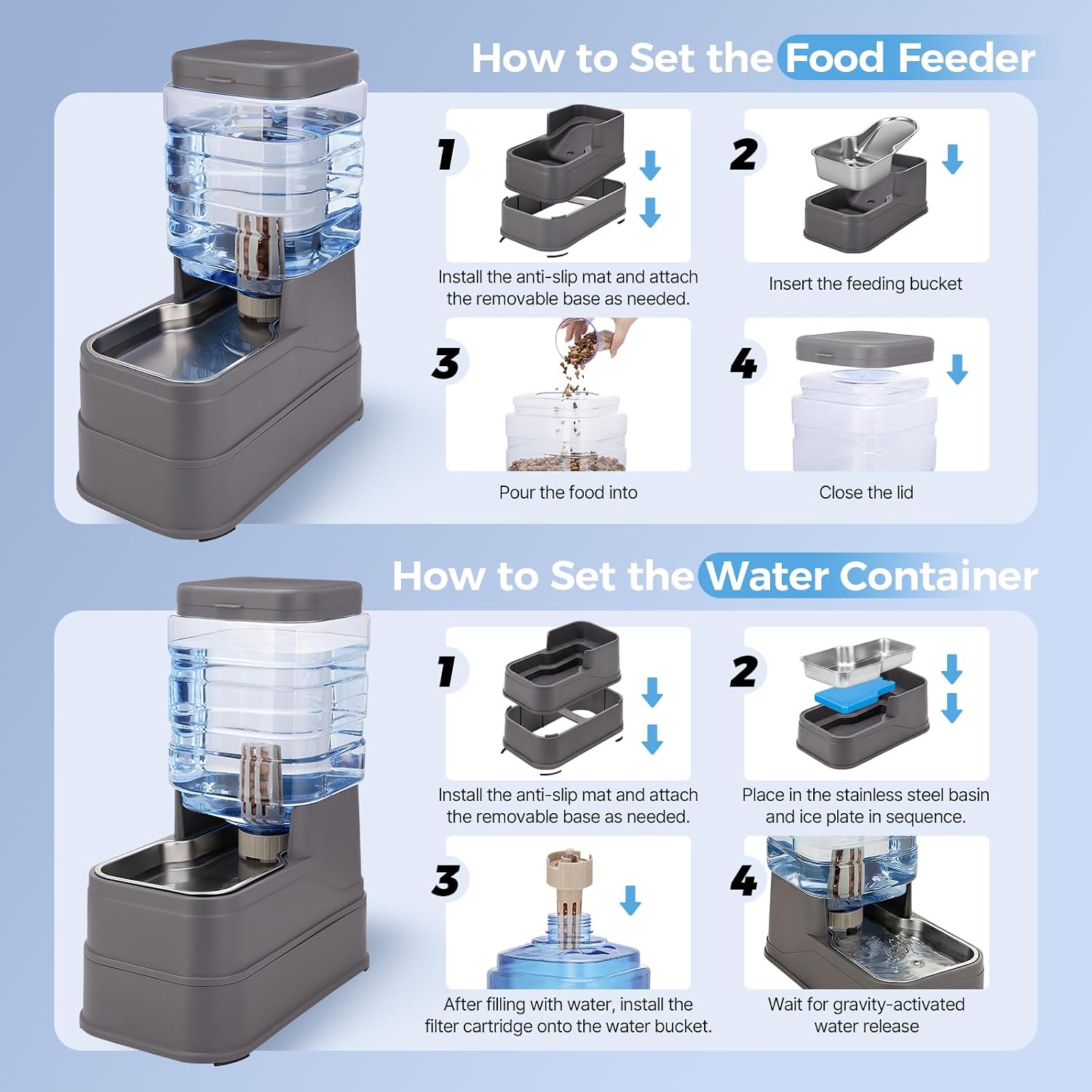Gravity Feeder and Water Dispenser with Ice Pack — Steel Bowl