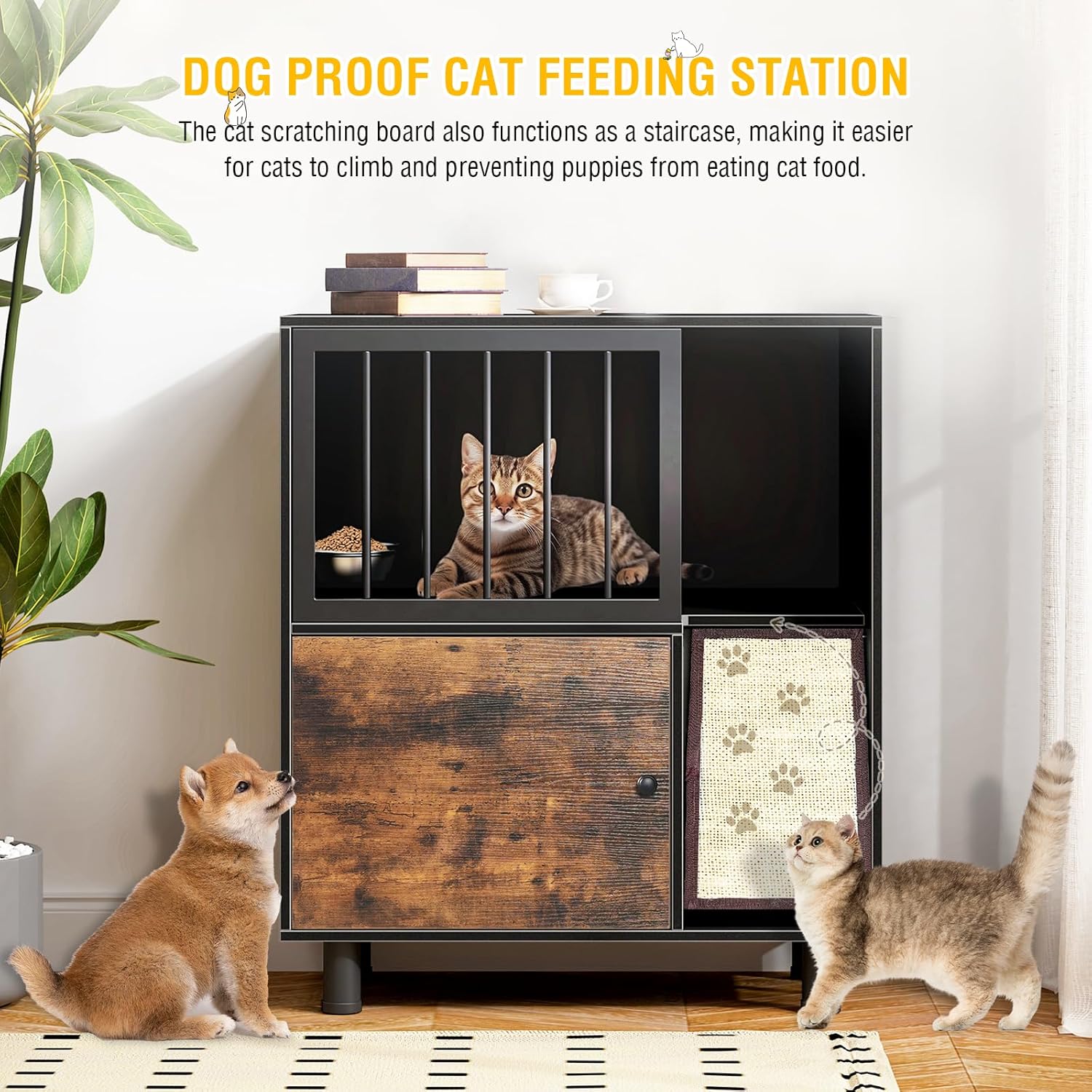 Dog-Proof Cat Feeding Station — Raised Bowls with Storage, Black