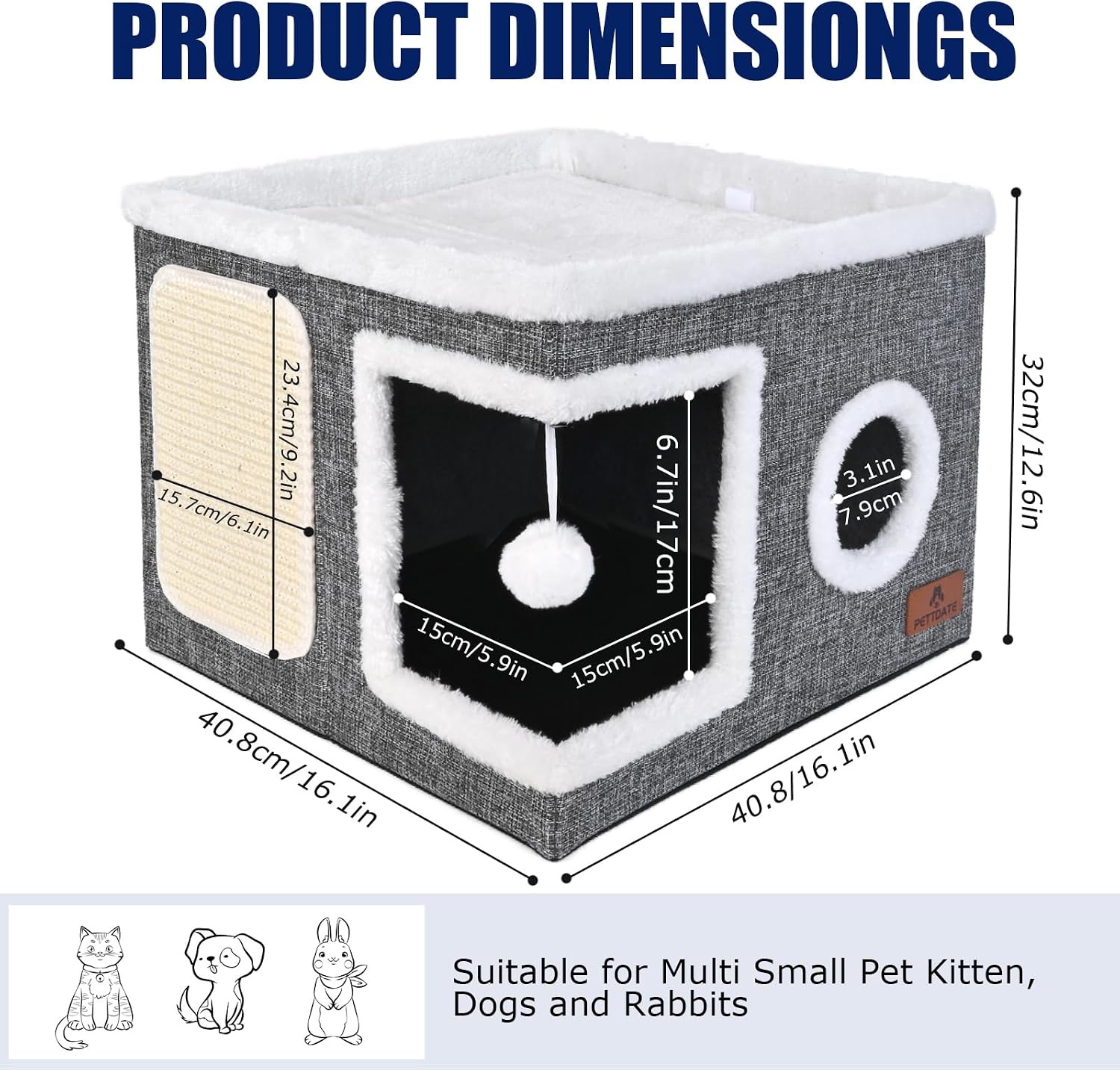 Large Cat Cave Bed with Scratch Pad and Fluffy Ball — Foldable