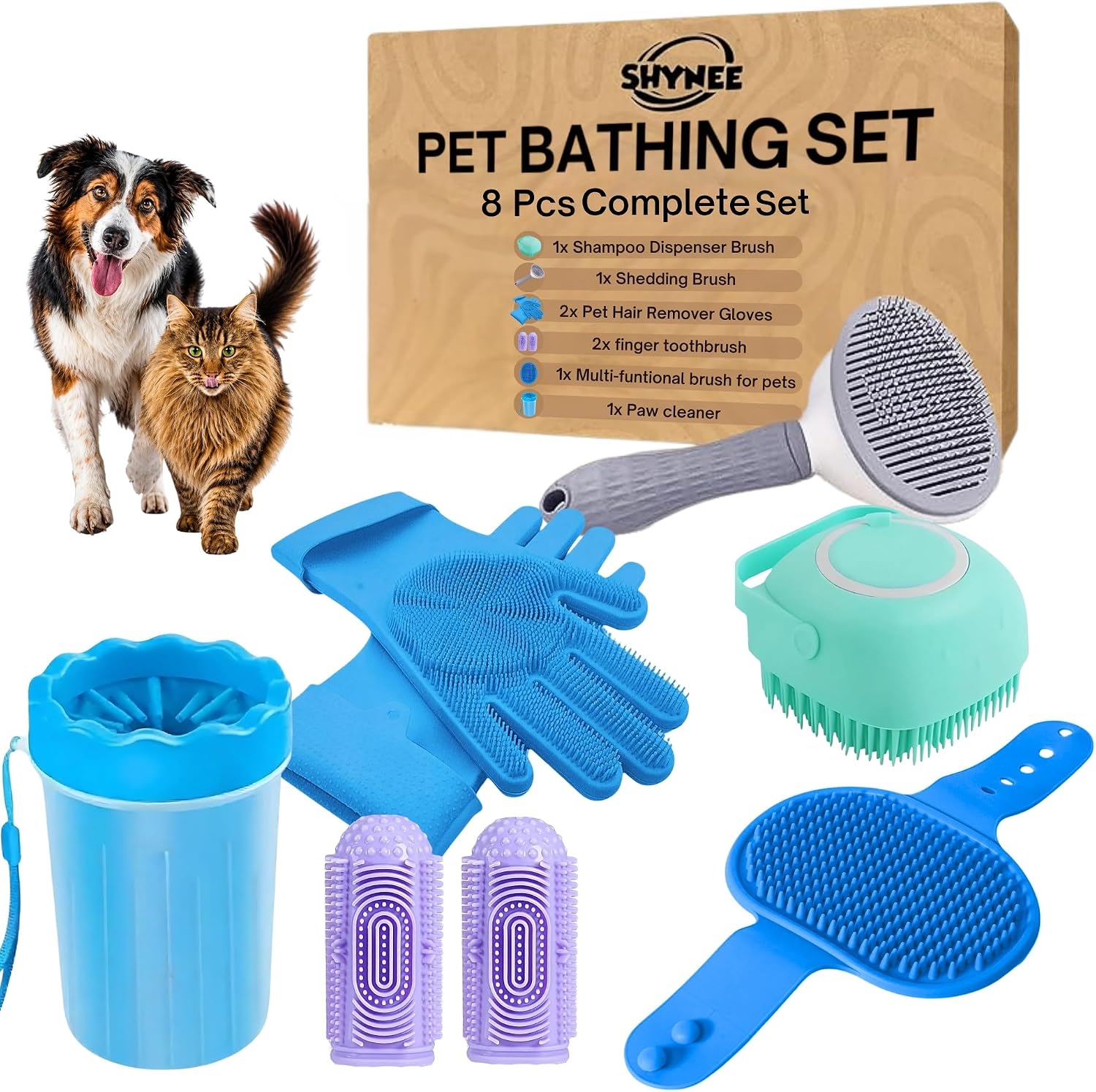 Grooming and Bath Kit — 8 Pieces, Shampoo Brush and Gloves — image 1 Grooming and Bath Kit — 8 Pieces, Shampoo Brush and Gloves