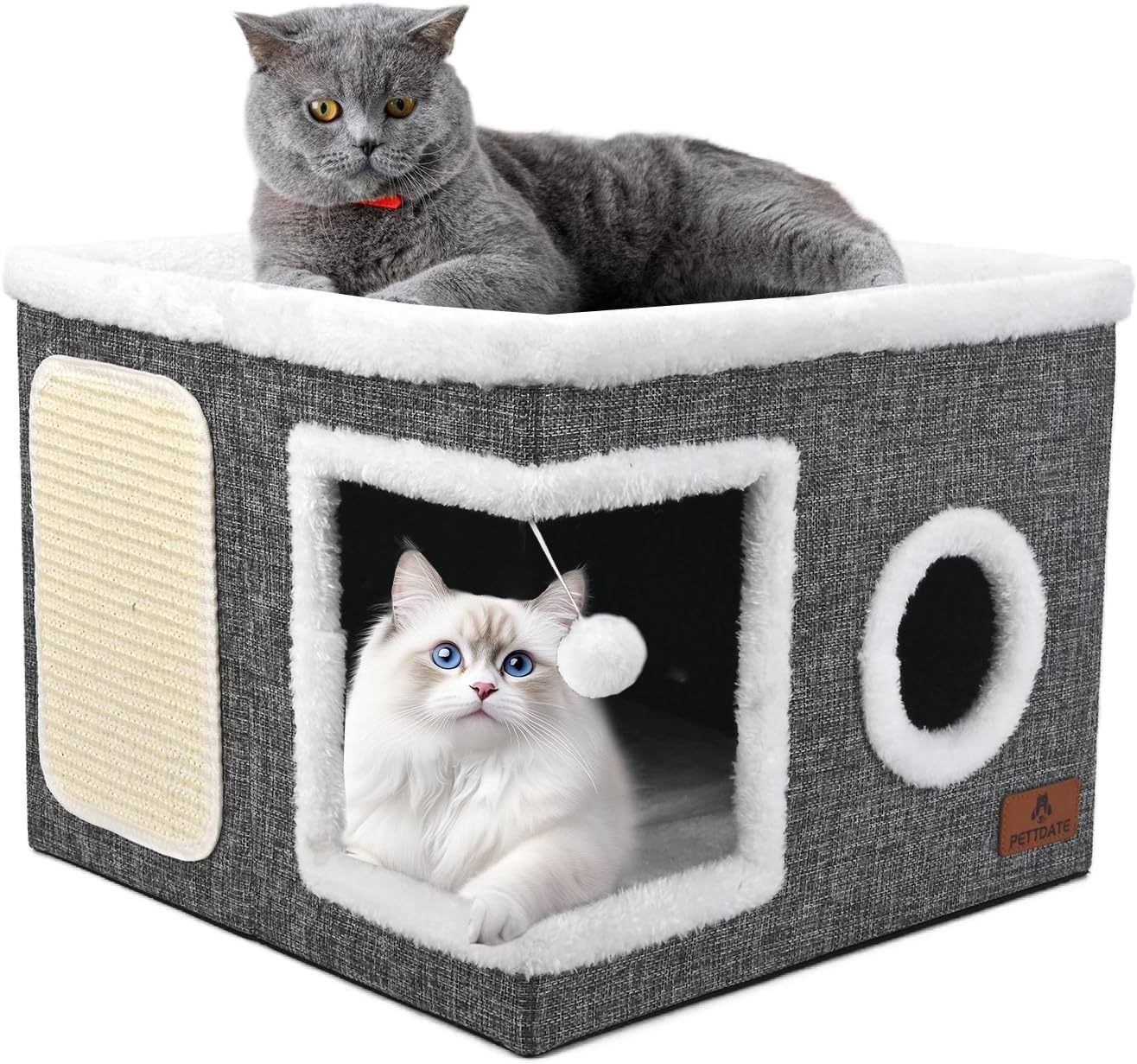 Large Cat Cave Bed with Scratch Pad and Fluffy Ball — Foldable
