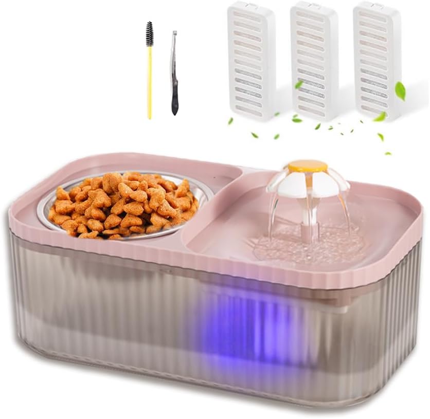 Water Fountain with Steel Food Bowl — 3 L, Quiet Pump